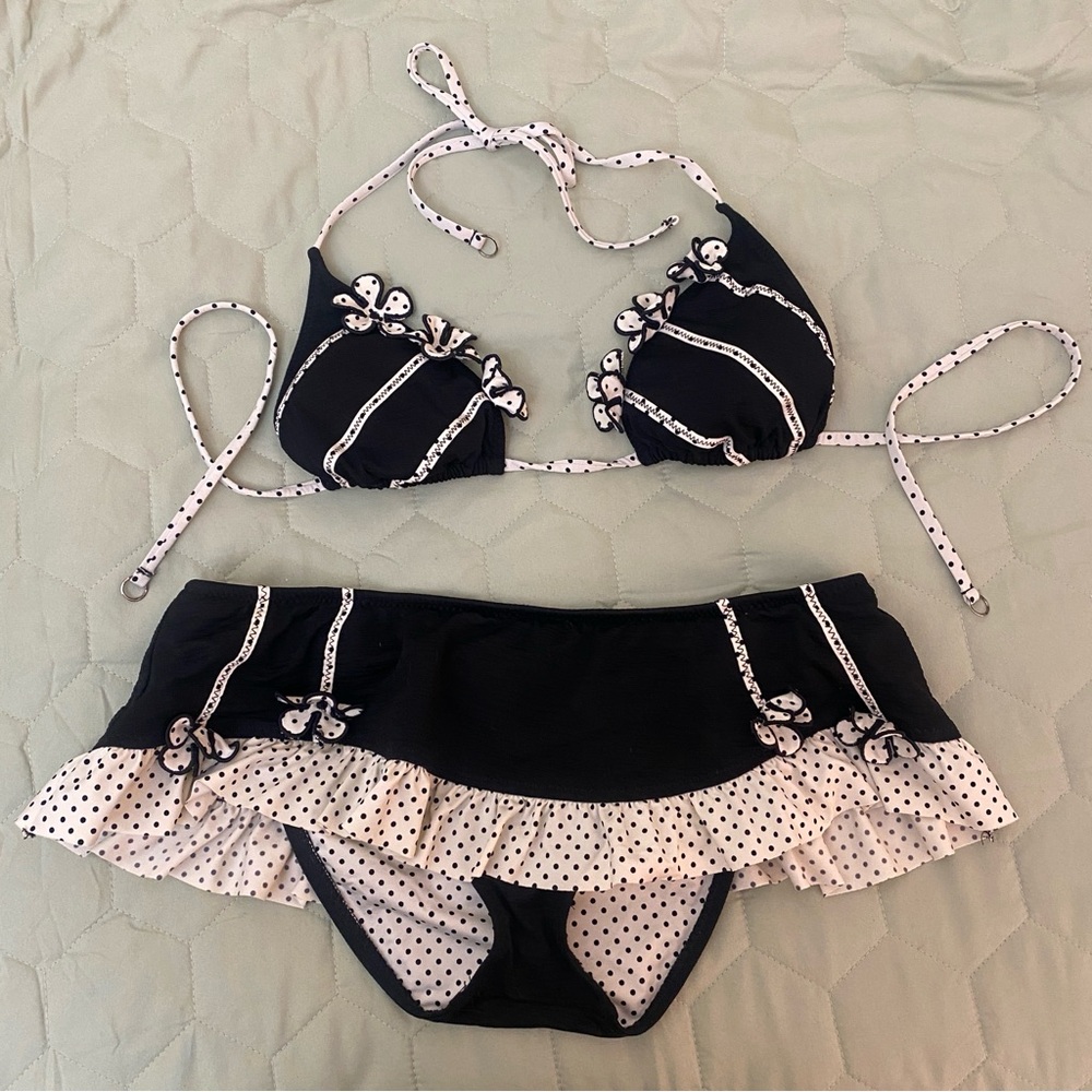 Vintage Betsey Johnson Swim Black and White Polka Dot Bikini Set with Flowers